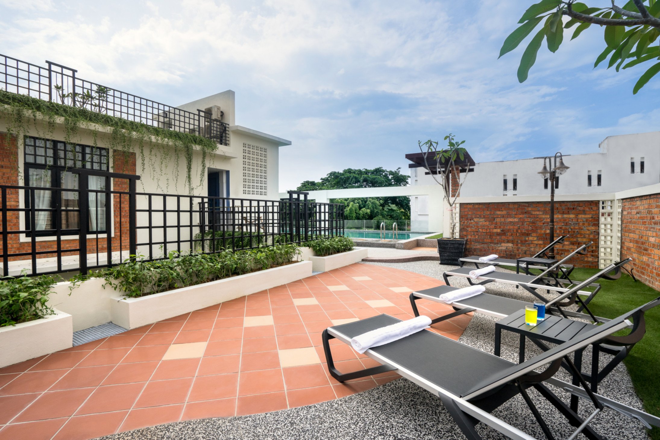 Rooftop pool deck with city views